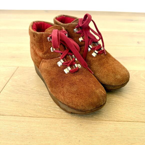 Vintage Brown Suede Hiking Boot red lining gum sole Wedge Lace Up Women 9 - Picture 9 of 10
